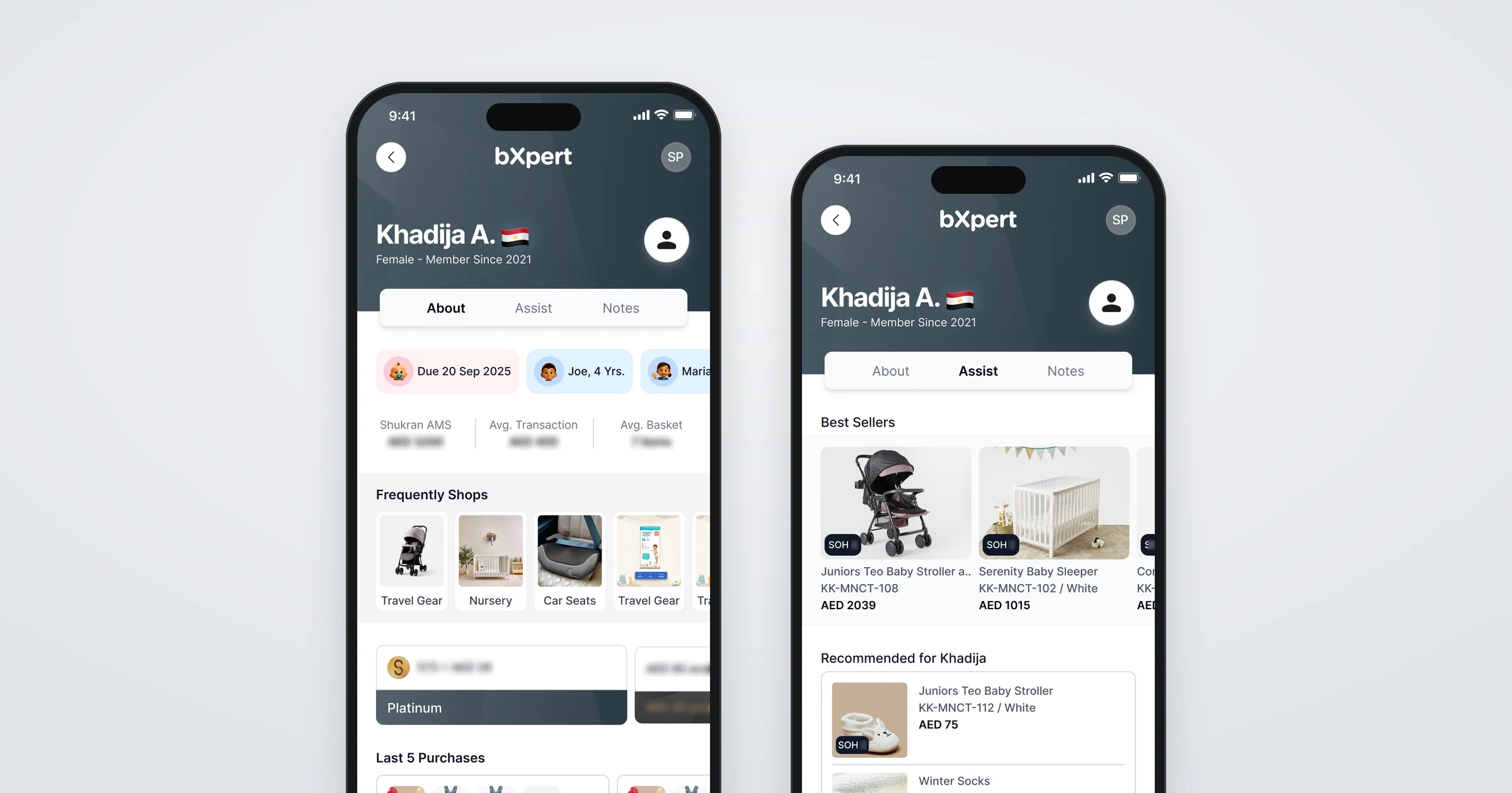 Two BabyXpert screens on phones: a customer profile with children, loyalty and recent purchases, and the Assist tab with best sellers and recommendations for that customer