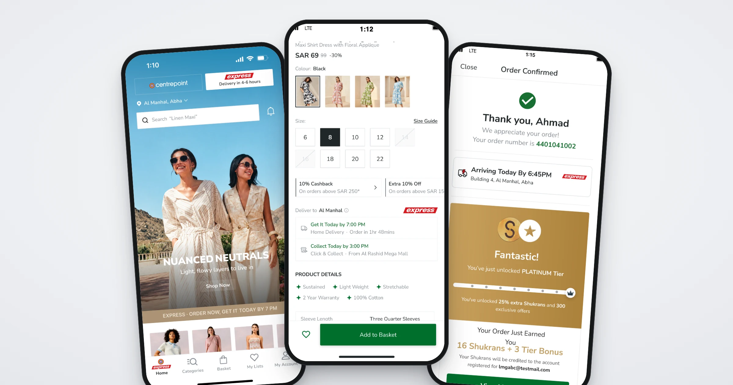 Three Centrepoint app screens: the Express home, a product promising delivery today by 7 PM, and an order confirmed to arrive today by 6:45 PM