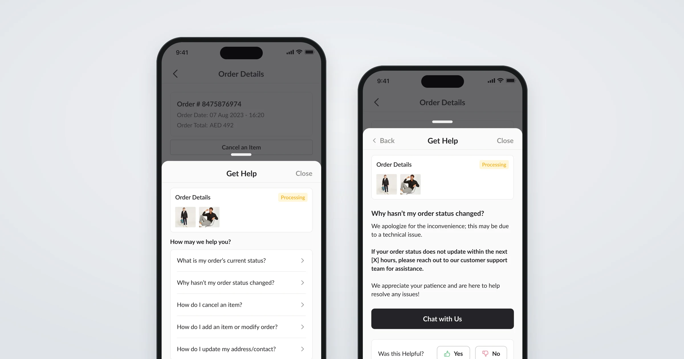 Two app screens of the Get Help sheet on an order: the questions for the order’s current stage, and one answered, with options to chat or contact support