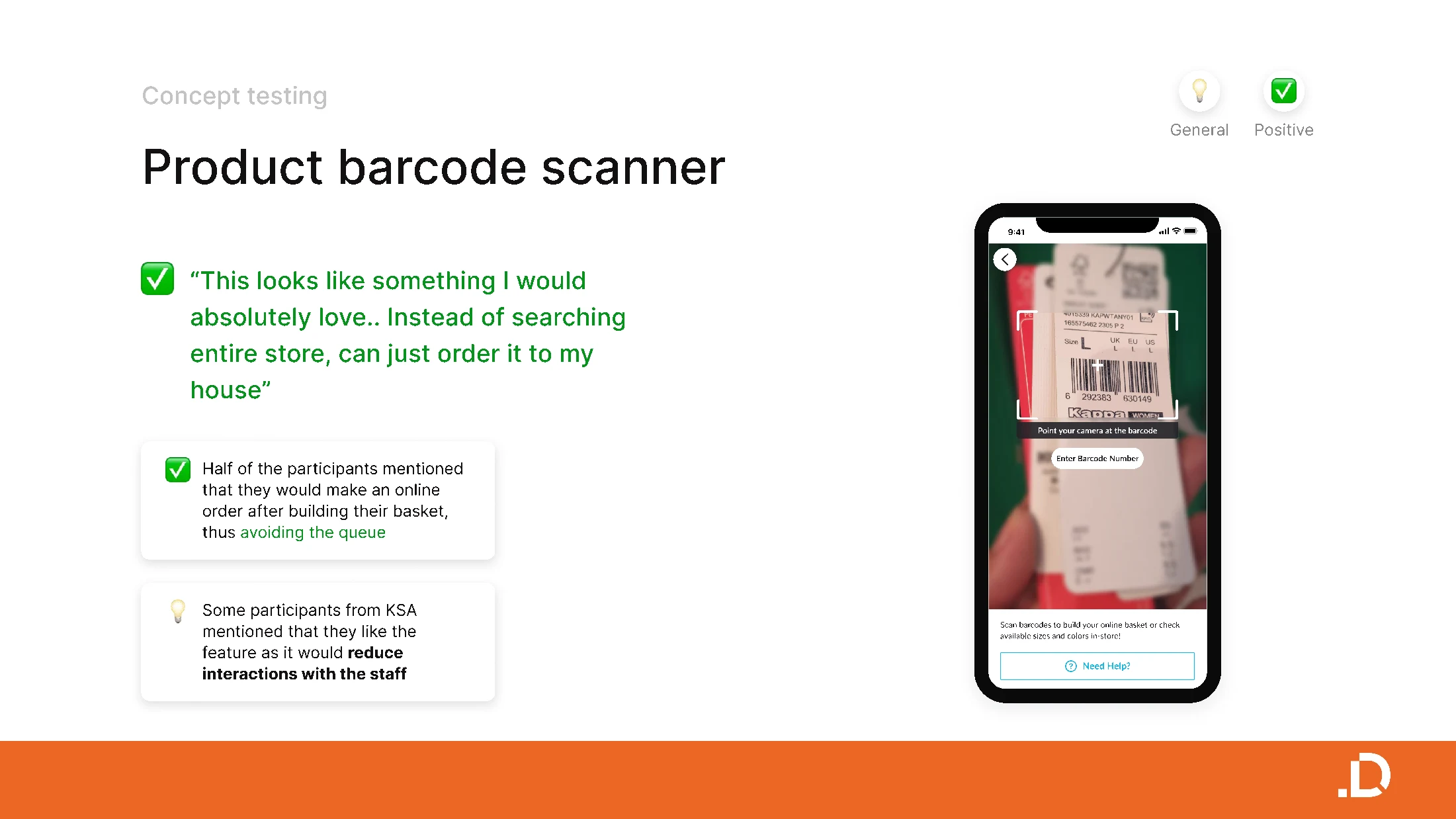 Barcode scanner concept connecting a product in-store to online sizes, colours, and basket.
