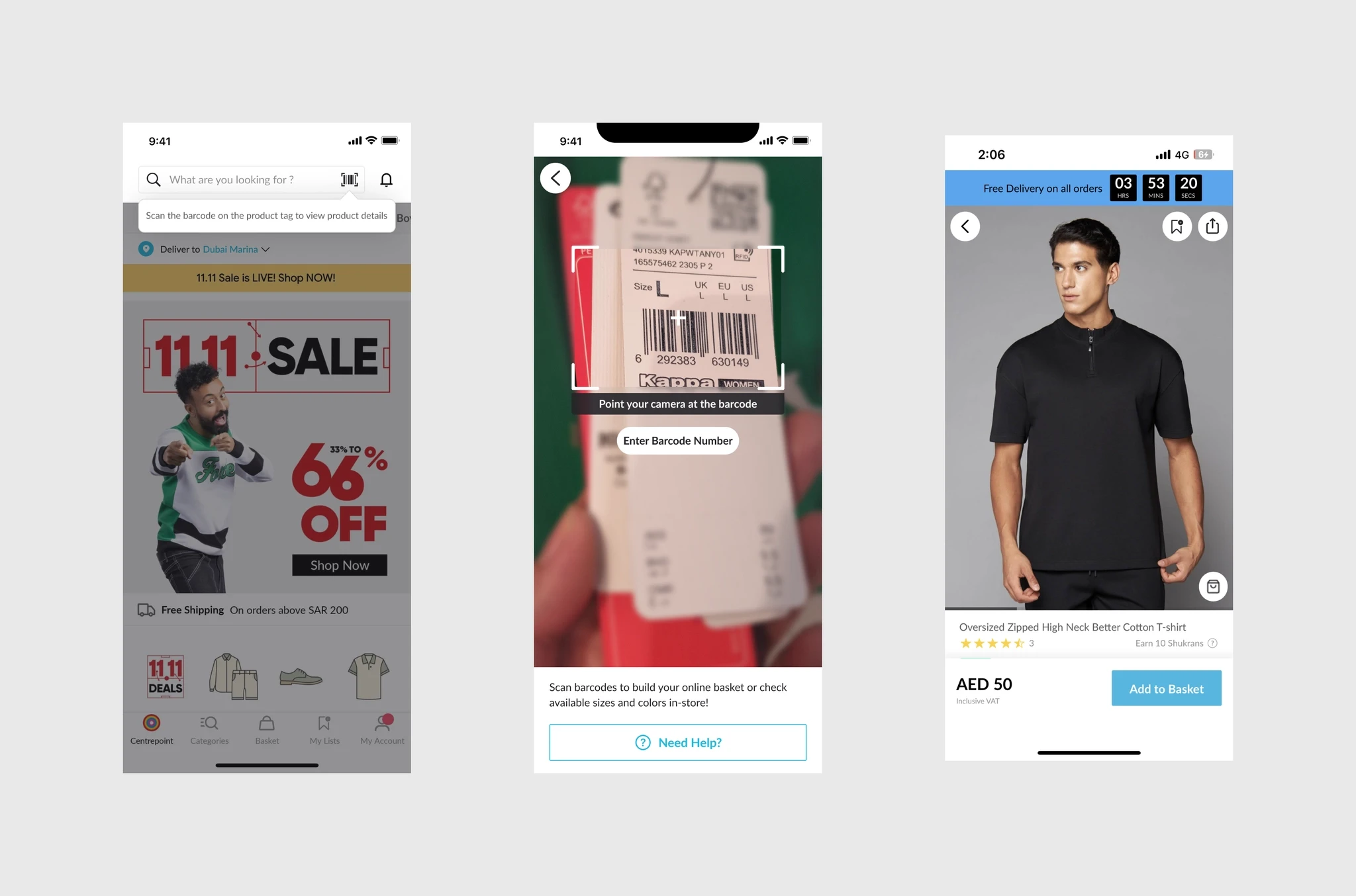 Three app screens: the home page with a scan icon in the search bar and a tip to scan a product tag, the camera framing a barcode on a clothing tag with an Enter Barcode Number option, and the product page with Add to Basket.