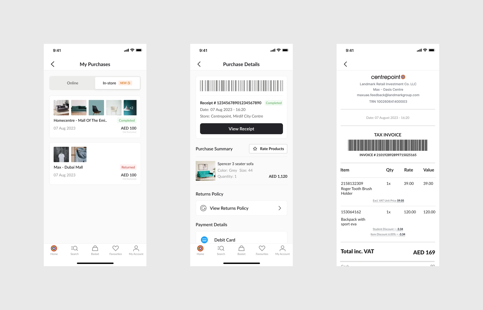 Three app screens: My Purchases with Online and In-store tabs listing store purchases, Purchase Details with a barcode, store, item and returns policy, and the full tax invoice with items, discounts and total.