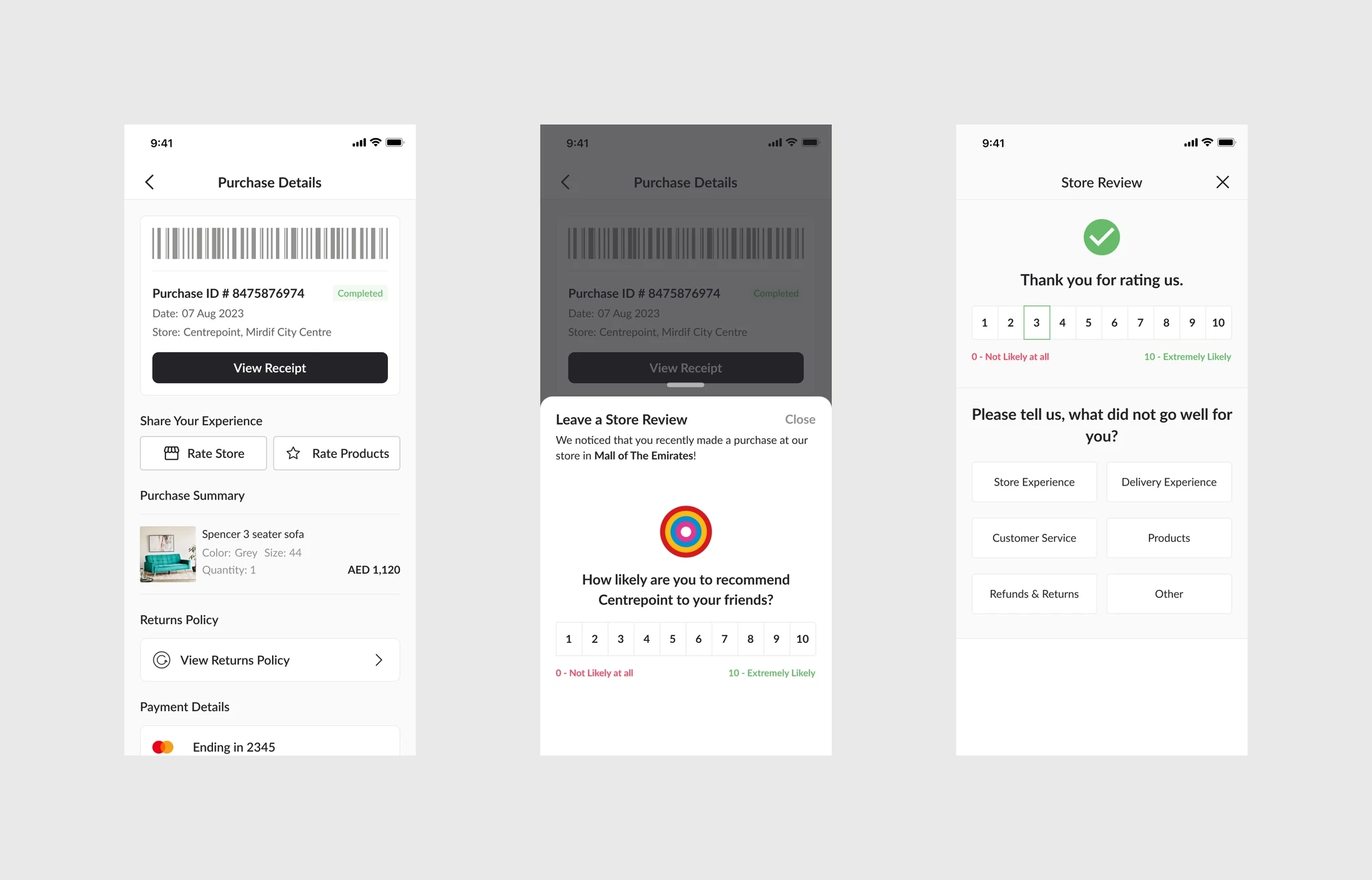 Three app screens: Purchase Details with Rate Store and Rate Products buttons, a Leave a Store Review sheet asking how likely the customer is to recommend Centrepoint on a 1 to 10 scale, and a follow-up asking what did not go well.