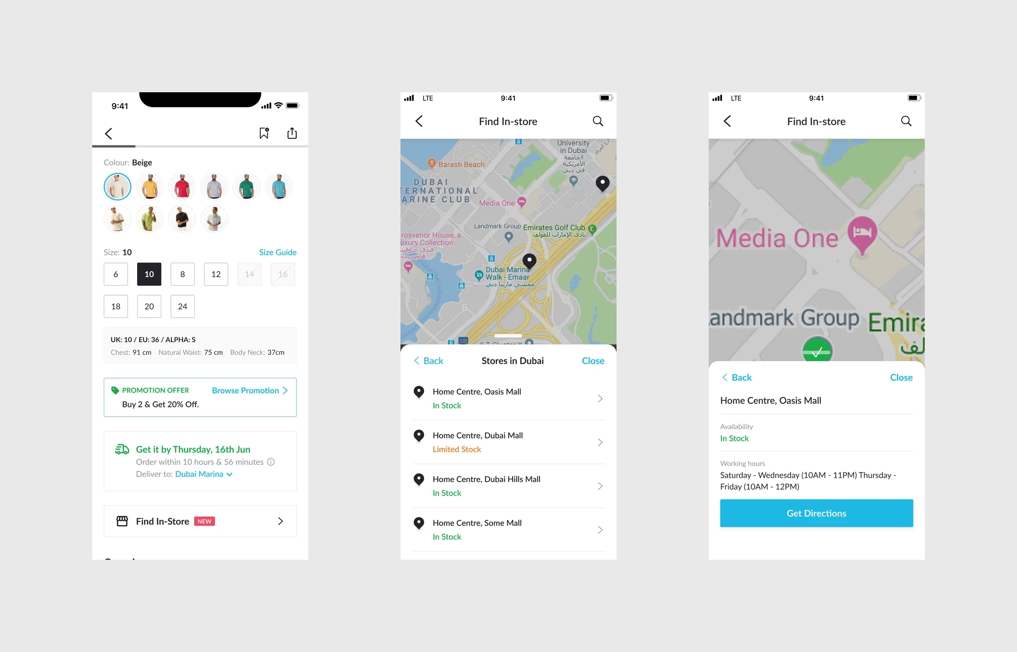 Three app screens: a product page with colour and size selected and a Find In-Store row, a map with a list of stores in Dubai marked In Stock or Limited Stock, and one store’s availability, opening hours and a Get Directions button.