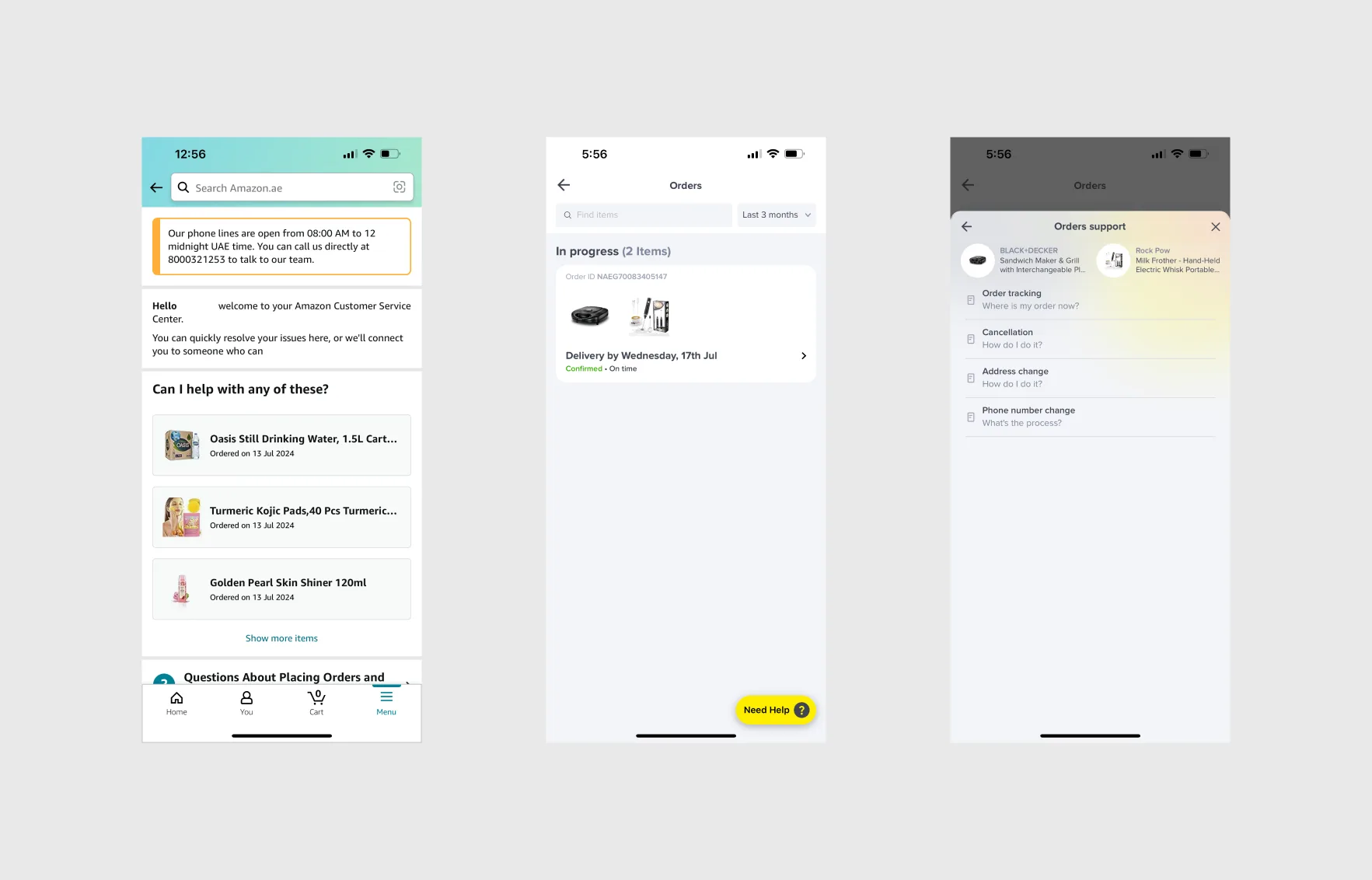 Three phone screens: Amazon’s customer service home listing recent orders, Noon’s orders list with a Need Help button, and Noon’s orders support sheet with tracking, cancellation, and address questions.