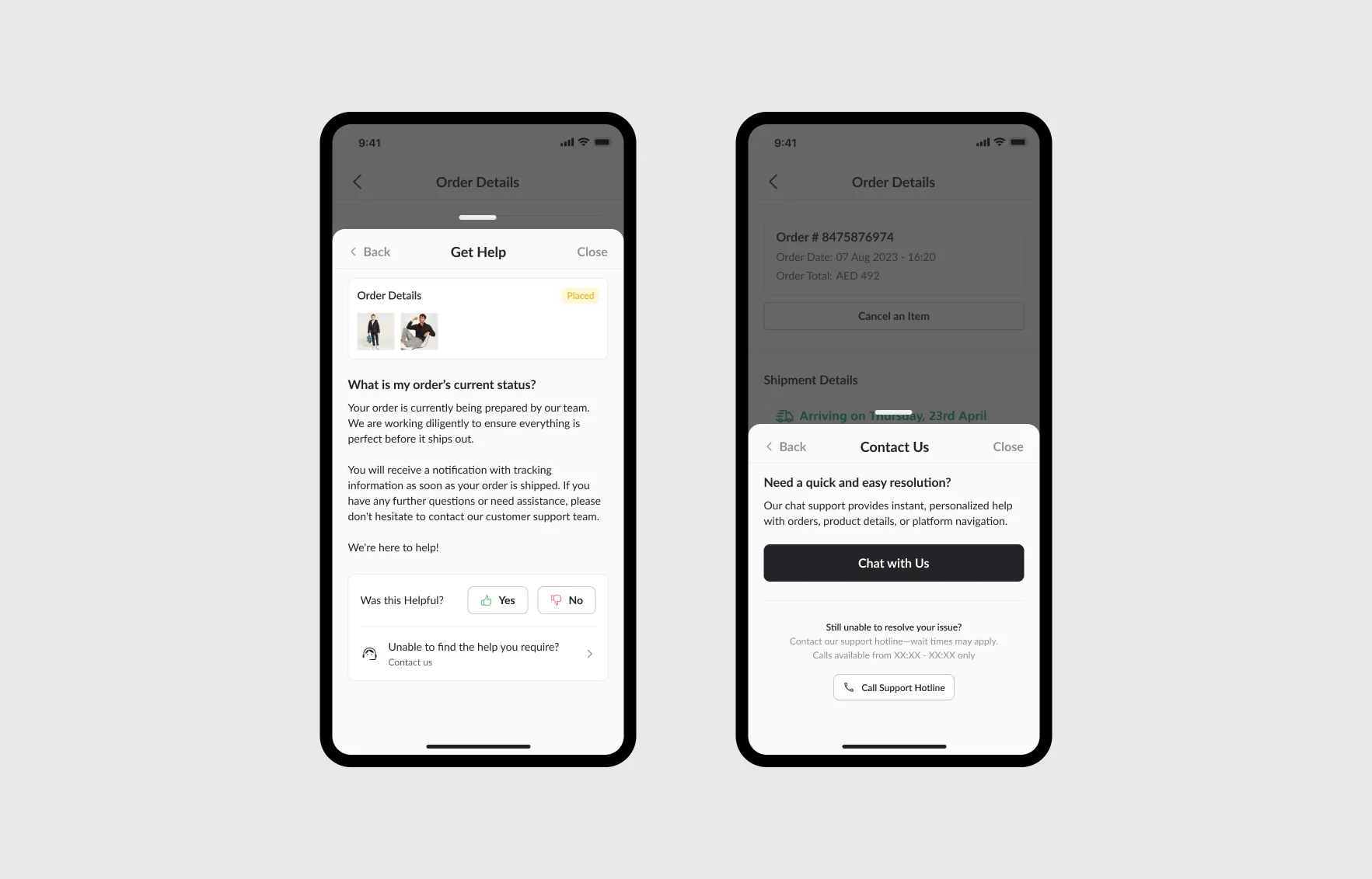 Two phone screens: an answer with a Contact us link, and a Contact us sheet with a Chat with us button above a Call support hotline button.