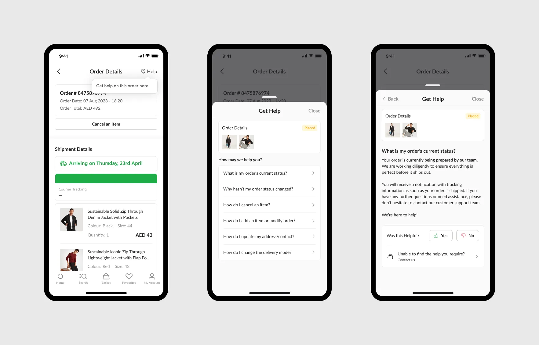 Three phone screens: order details with a Help button, the Get help sheet listing questions for a placed order, and an answer to “What is my order’s current status?” with a Was this helpful prompt.
