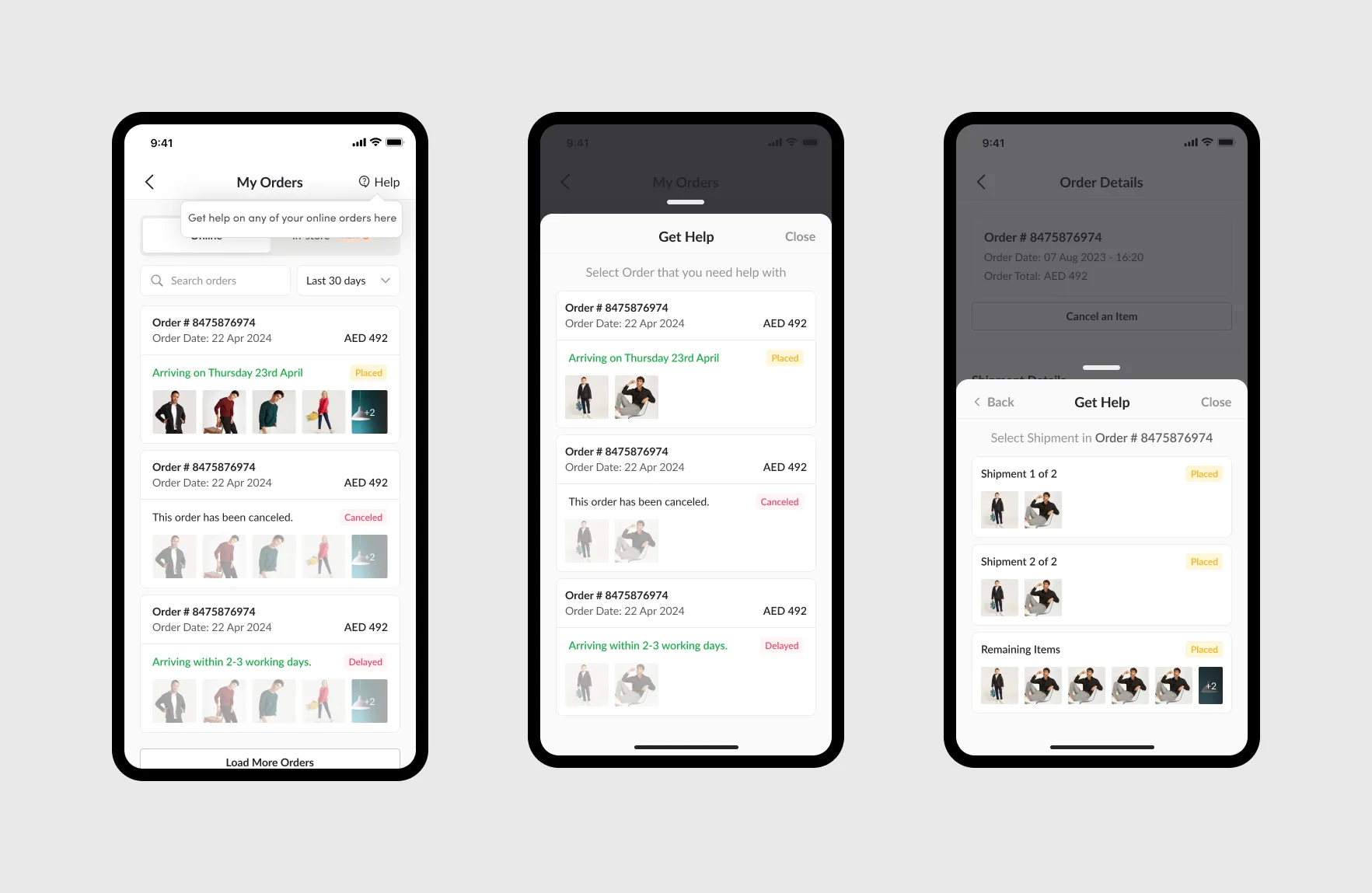 Three phone screens: My Orders with a Help button, a Get help sheet to select an order, and a sheet to select a shipment within an order.